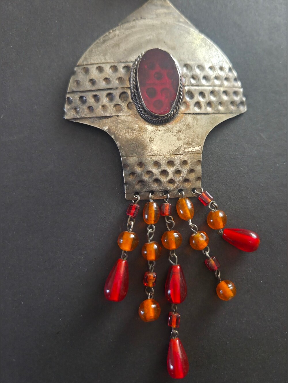 Red & Amber Glass Bead Necklace with Hammered Silver-Tone Pendant